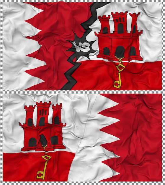 Gibraltar contre Bahreïn Half Combined Flag Cloth Bump Texture Rendering 3D Il s'agit d'un drapeau à moitié combiné.