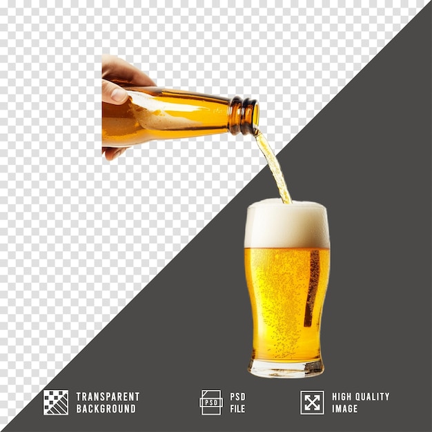 Gießen von Bier in ein Glas mit den Händen auf einem durchsichtigen Hintergrund