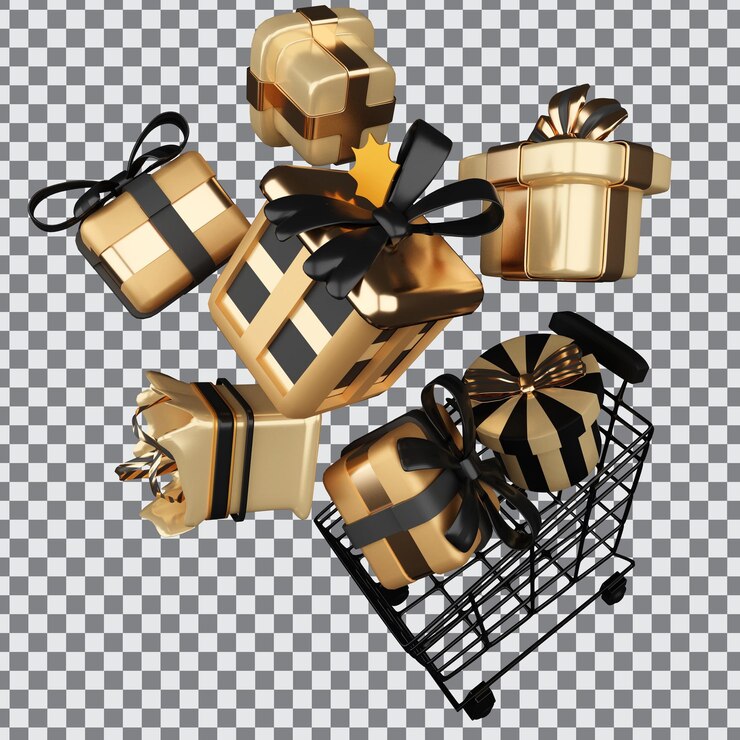 PSD gif de navidad con venta promocional de compras de aniversario del viernes negro y carrito de compras y caja de regalos