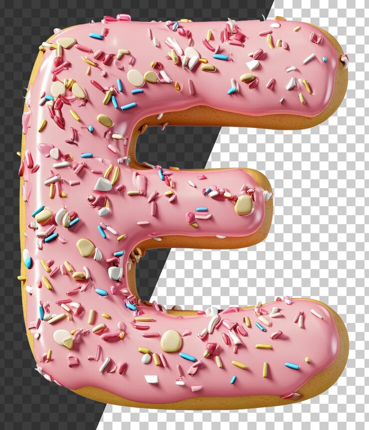 PSD gigante rosa helado letra e rosquilla con salpicaduras cortado stock png
