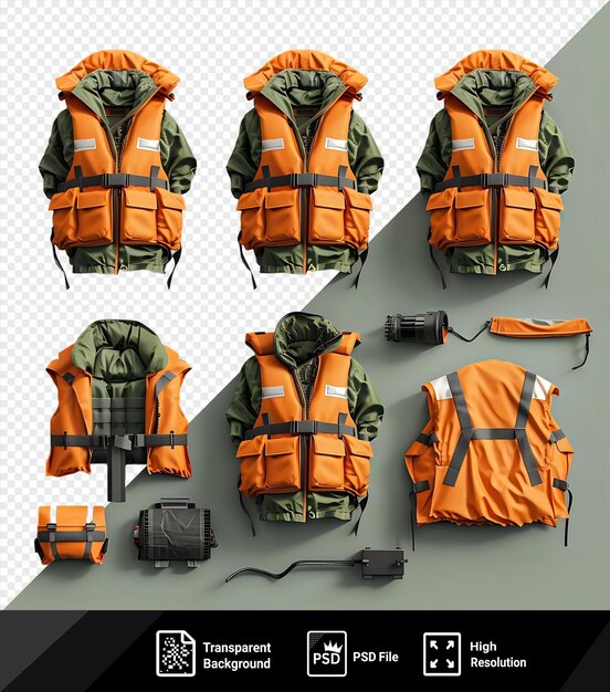 PSD des gilets de sauvetage incroyables, dont un sac à dos orange et une veste verte, sont exposés sur un mur blanc à côté d'une caméra noire.