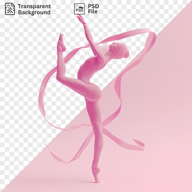 PSD gimnasta 3d realizando una rutina en un fondo rosa con una mano levantada y un brazo extendido mientras una pierna blanca es visible en primer plano