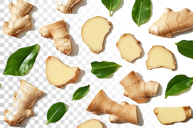 Ginger cortado e folhas em fundo transparente