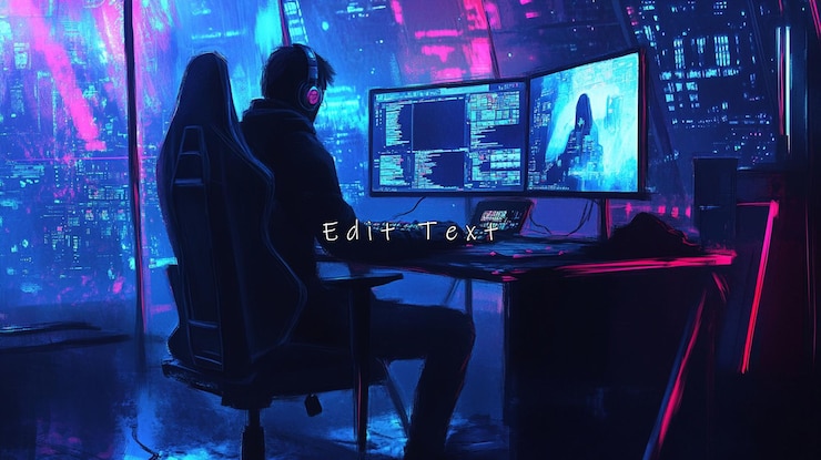 PSD giocatore che gioca ai videogiochi di notte in una stanza futuristica