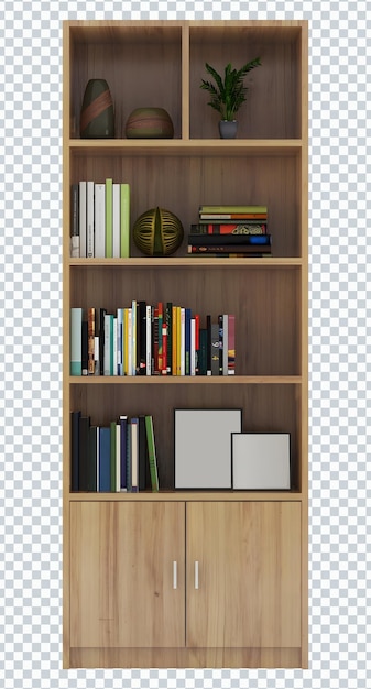 Giocattolo in legno e modello di scaffale per libri isolato. Trasparente.
