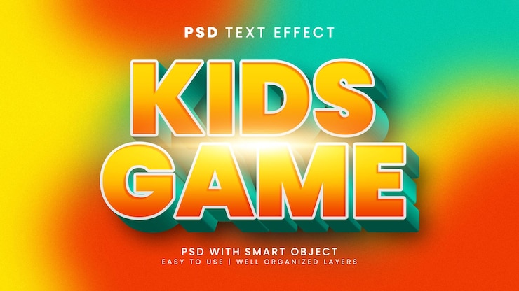 PSD gioco per bambini effetto testo modificabile 3d con istruzione e stile di testo di gioco
