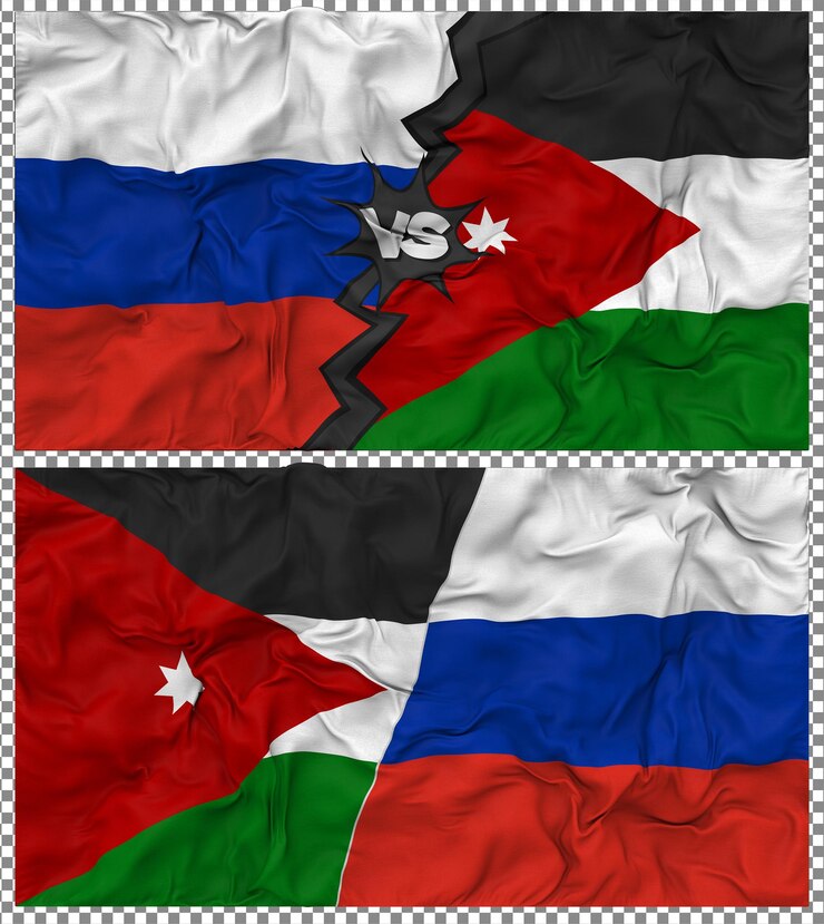 PSD giordania contro la russia mezz'unione di bandiere tessuto bump texture rendering 3d