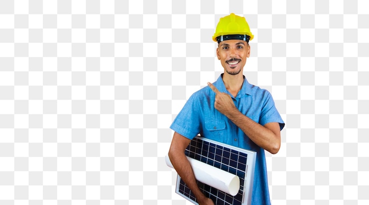 PSD giornata degli ingegneri uomo nero con casco di sicurezza e camicia blu isolata ingegnere che tiene un pannello solare fotovoltaico