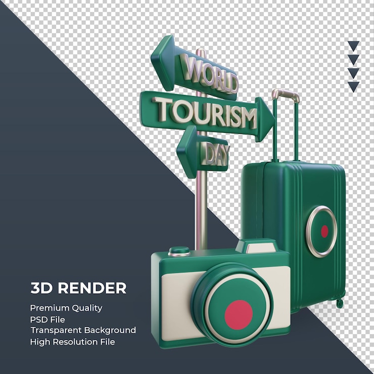 PSD giornata del turismo 3d bandiera del bangladesh che mostra la vista a sinistra