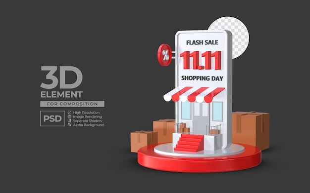 Giorno di shopping di vendita flash 11 11 con elemento di rendering 3d del podio dello smartphone per la composizione psd premium