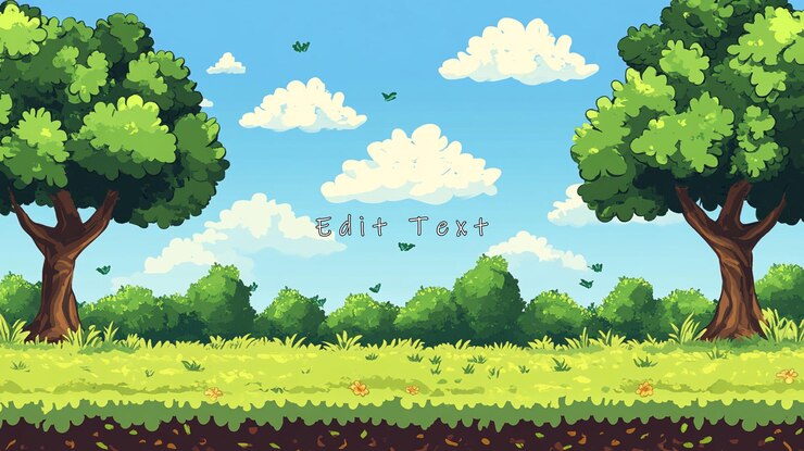 PSD giorno soleggiato alberi verdi lussureggianti pianure farfalle sfondo pixel art
