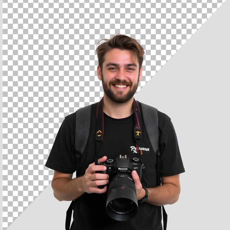 PSD giovane adulto che tiene la sua macchina fotografica professionista