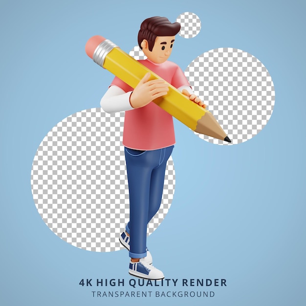 Giovane che porta un'illustrazione del carattere 3d della matita gigante