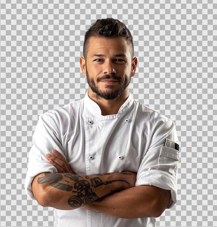 PSD giovane chef brasiliano su uno sfondo trasparente isolato