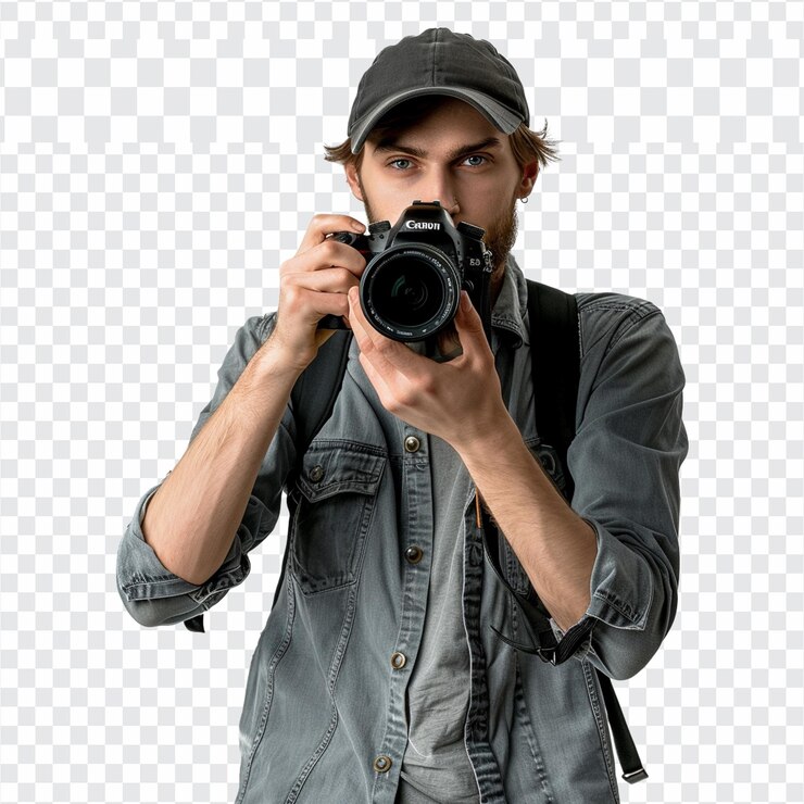 PSD giovane con tutto il corpo che si concentra con la fotocamera digitale su uno sfondo trasparente png