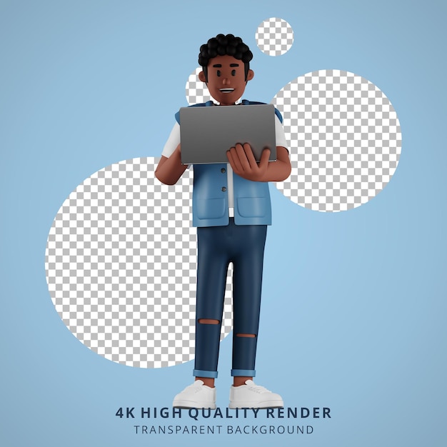 Giovane dai capelli ricci che tiene il computer portatile mentre si trova in piedi illustrazione del personaggio 3d