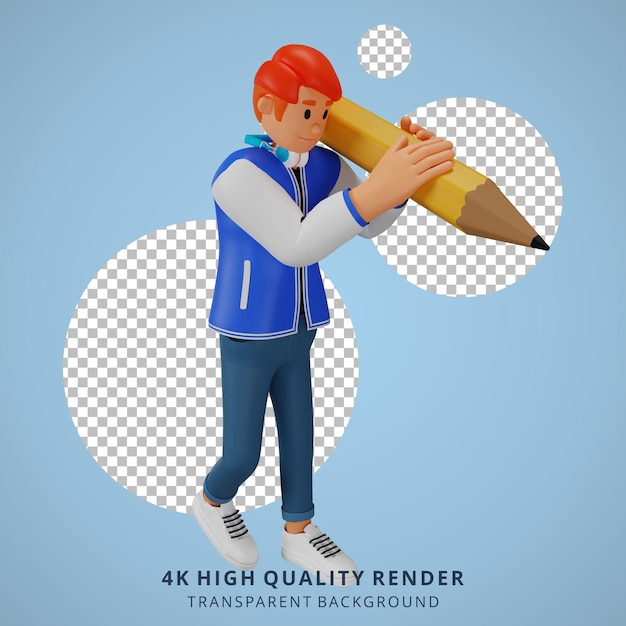 Giovane dai capelli rossi che porta un'illustrazione di carattere 3d matita gigante