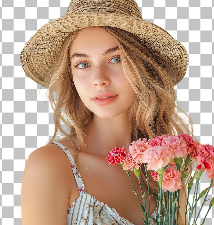 PSD giovane donna con abito da estate e cappello di paglia che tiene un bouquet su uno sfondo trasparente