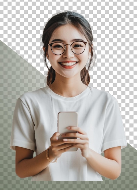 Giovane donna di PNG che sorride tenendo in mano il suo smartphone