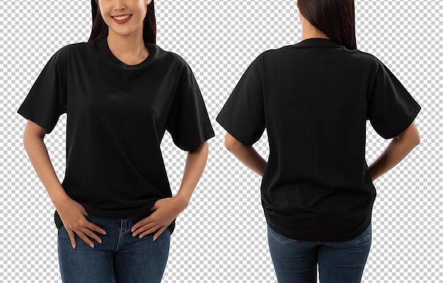 Giovane donna in file Psd del ritaglio del mockup della maglietta oversize nera