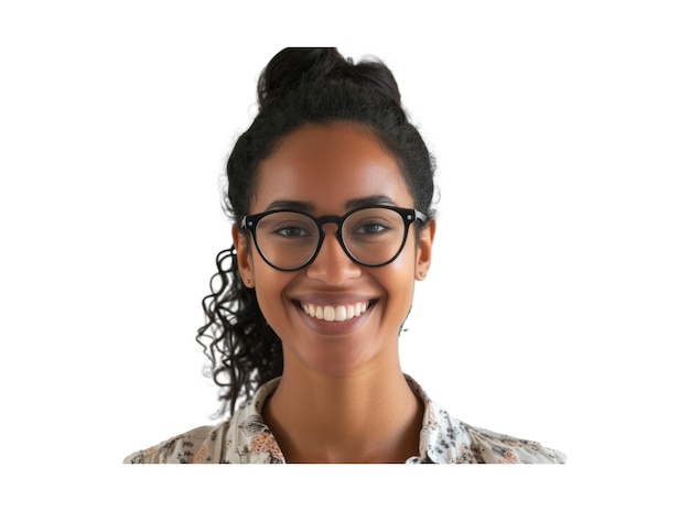 Giovane donna multietnica casuale con gli occhiali che sorride alla telecamera