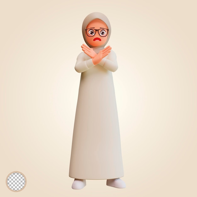 Giovane donna musulmana Croce mani nessun gesto 3d fumetto illustrazione