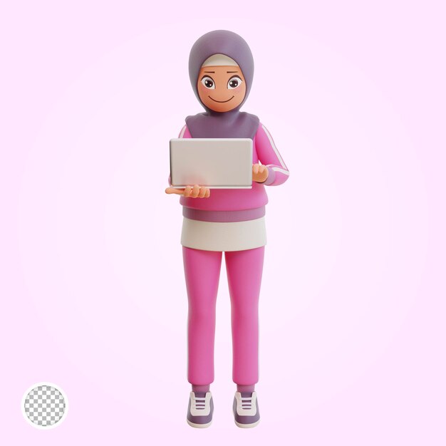 Giovane donna musulmana sorridente sportiva in posa felice fumetto 3d illustrazione