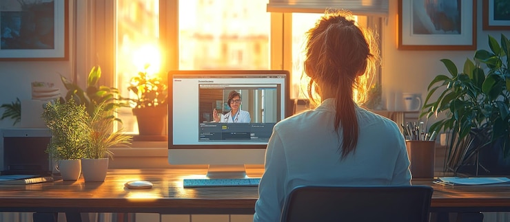 PSD giovane donna seduta davanti a uno schermo di computer che guarda una videoconferenza con un medico è seduta in un ufficio a casa con una finestra sullo sfondo il sole sta tramontando fuori dalla finestra