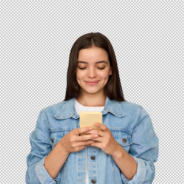 Giovane donna sorride mentre guarda il suo cellulare