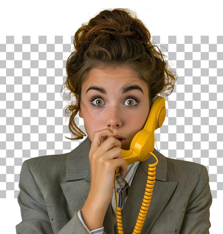 PSD giovane donna spaventata in abito che tiene la mano alla bocca parlando sul vecchio telefono rotativo su uno sfondo trasparente isolato