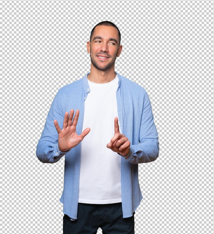 PSD giovane felice che fa un gesto di numero sei con le sue mani