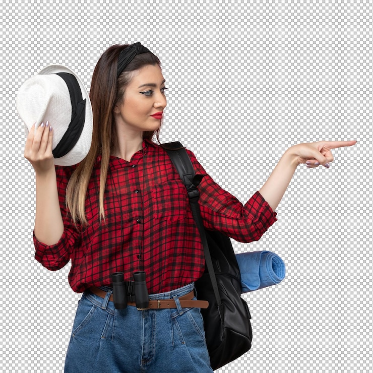 PSD giovane femmina di vista frontale in camicia rossa con il cappello sul colore della donna umana di sfondo rosa