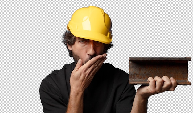 giovane lavoratore barbuto pazzo uomo con casco