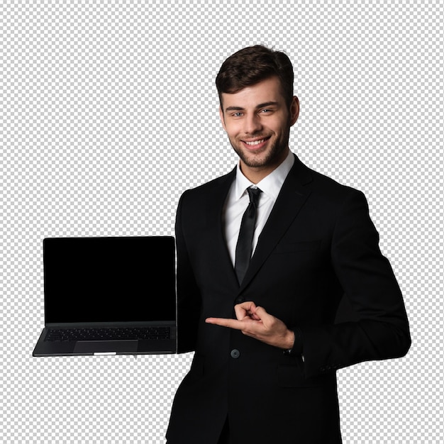 Giovane uomo d'affari allegro che mostra un computer portatile