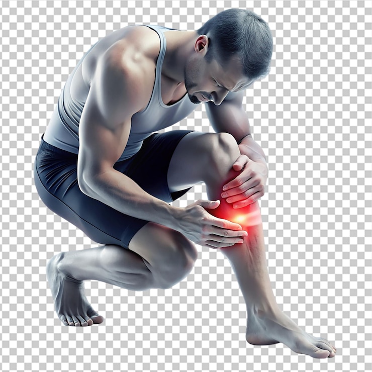 PSD giovane uomo sportivo con forti gambe atletiche che tiene il ginocchio con le mani