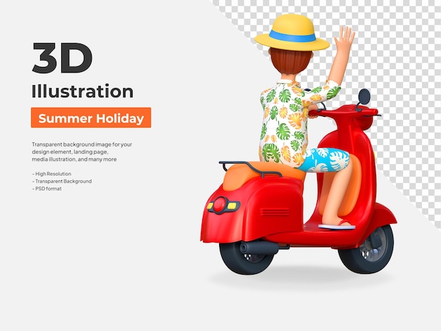 Giovane viaggiatore che guida motocicletta nell'illustrazione del personaggio dei cartoni animati 3D delle vacanze estive