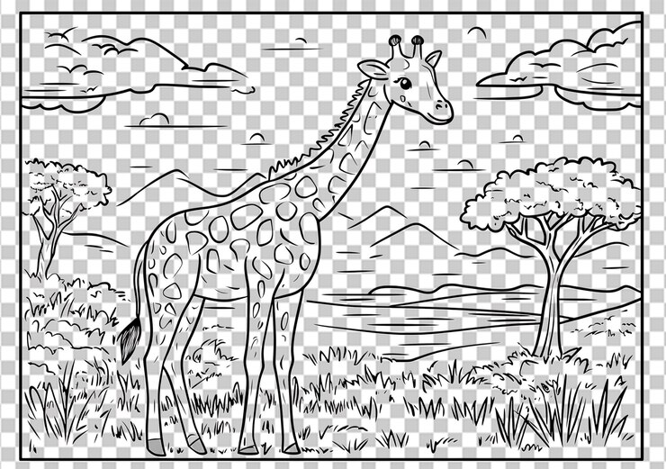 PSD girafa na paisagem da savana africana