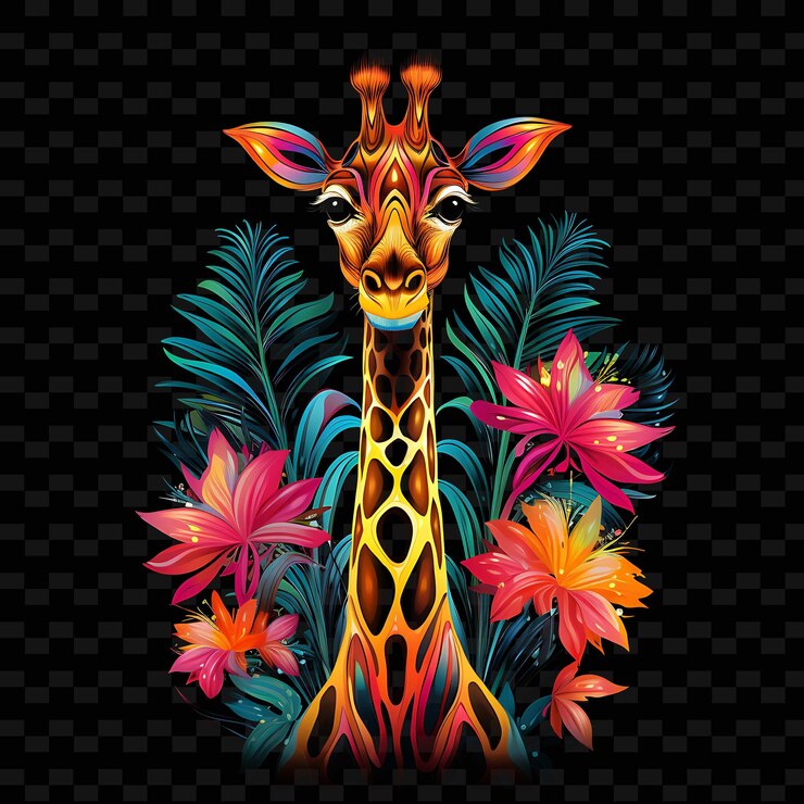 PSD girafa paraíso tropical zigzag líneas de neón flores exóticas l png y2k formas artes de la luz transparente