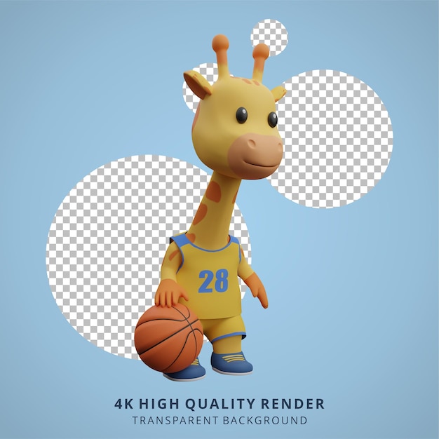 PSD girafe animale jouant au basket-ball illustration de personnage mignon 3d