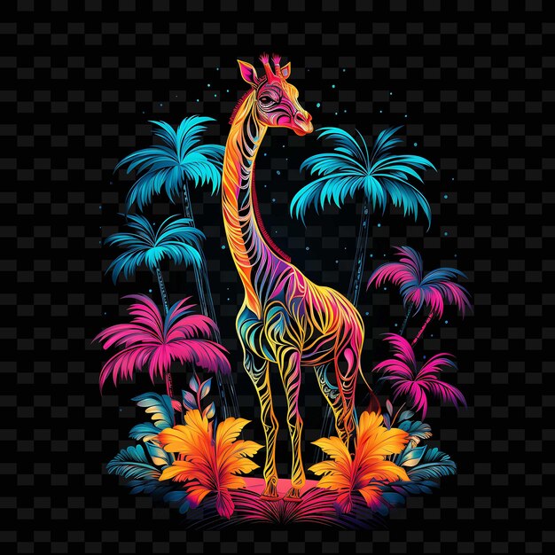 PSD girafe paradis tropical zigzag lignes néon fleurs exotiques l png y2k formes transparent light arts