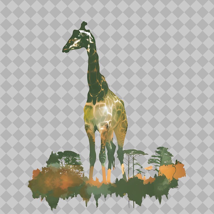 PSD giraffe inside a silhouette rectangle savannah adorned with png watercolor wild life collections