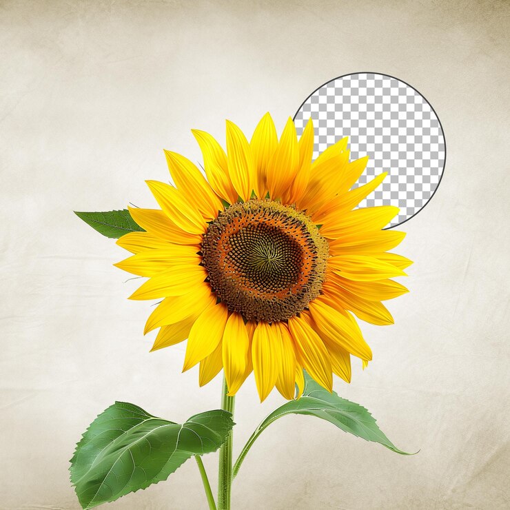 PSD girasol amarillo con hojas verdes aisladas en un fondo transparente