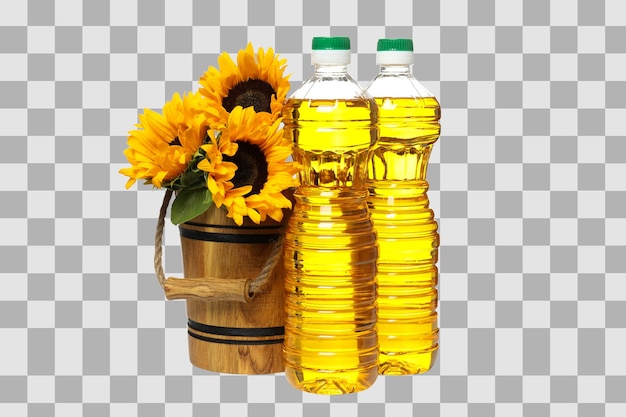 Girasoles de PNG en cubo y aceite en botellas de plástico aislados sobre fondo blanco