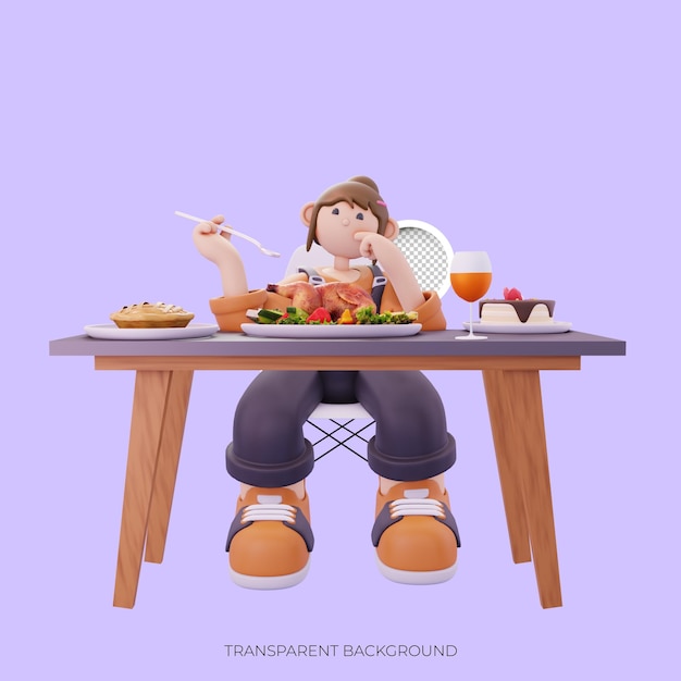 girl character eating on the table pose from the front