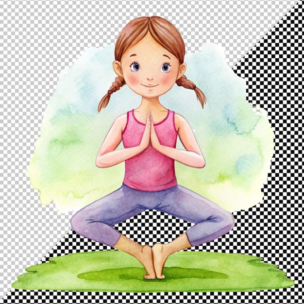 PSD girl doing yoga watercolor art on transparent background