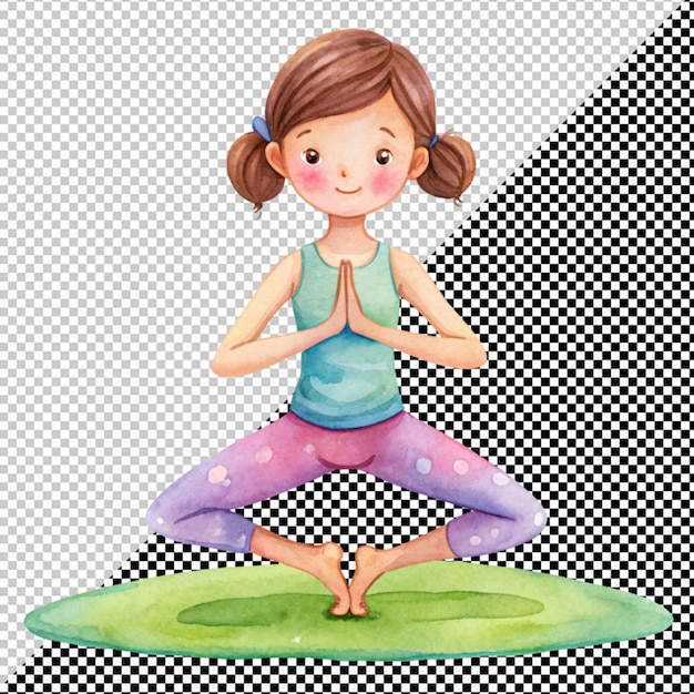 PSD girl doing yoga watercolor art on transparent background