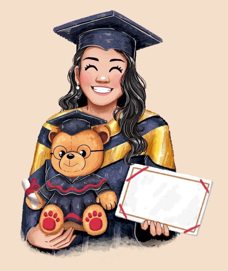PSD girl in graduation with diploma and teddy bear