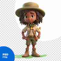 PSD girl scout afro-américaine avec chapeau et bottes modèle psd d'illustration 3d