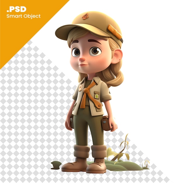 PSD girl scout avec sac à dos et casquette sur fond blanc ; modèle psd de rendu 3d