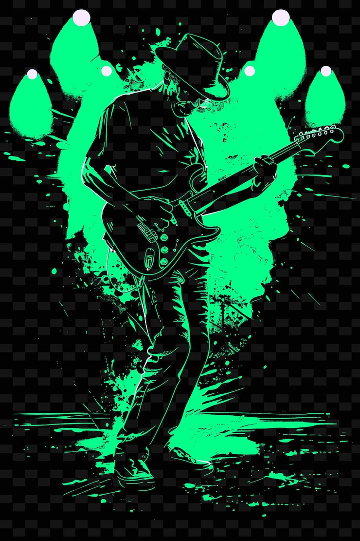PSD gitarrista blues che suona un assolo su un palco buio con l'illustrazione vettoriale dei riflettori idea di poster musicale